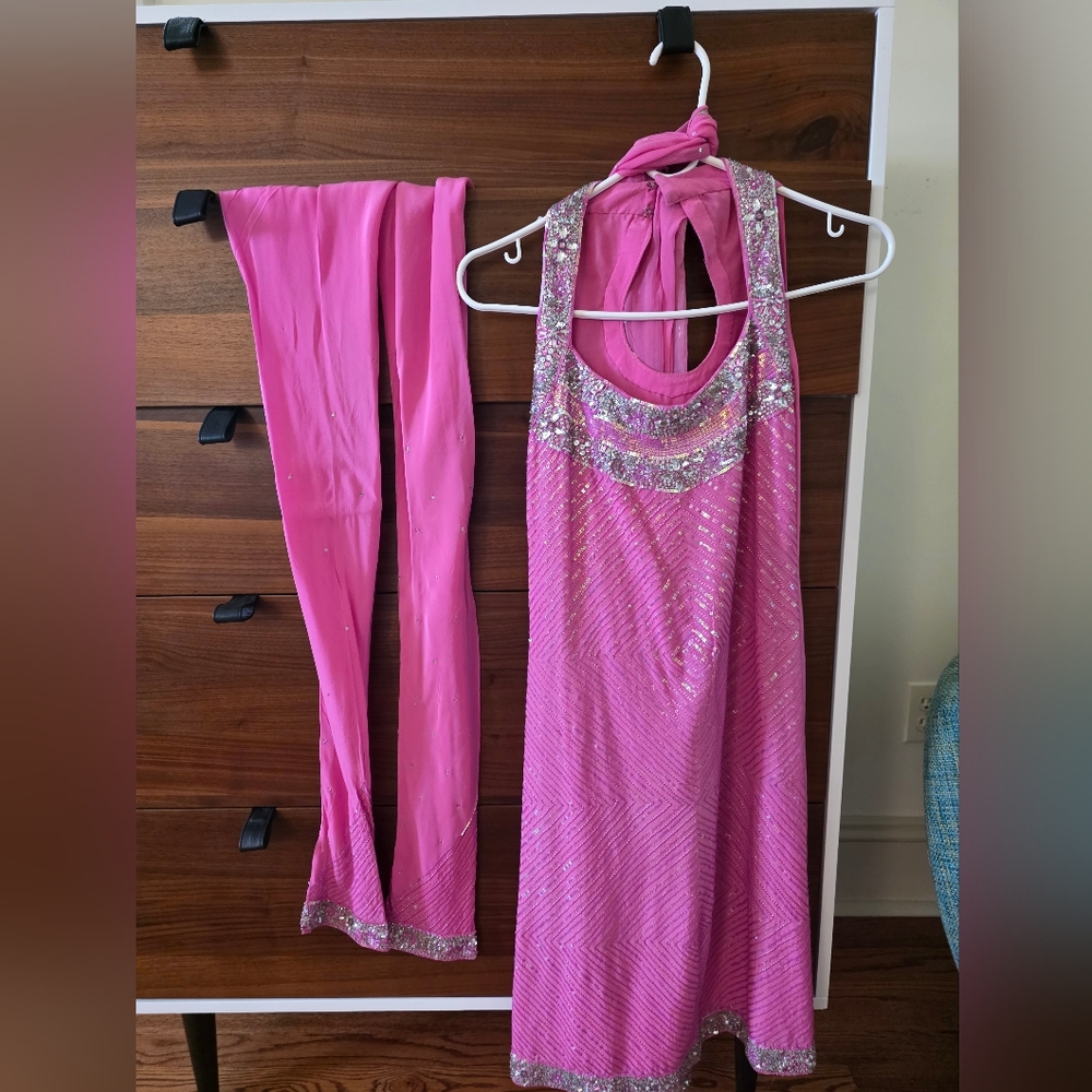 Pink and Silver Sequin Dress with Scarf and Pants